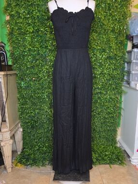 Gianni Bini Black Smocked Wide-Leg Jumpsuit with Tie-Front